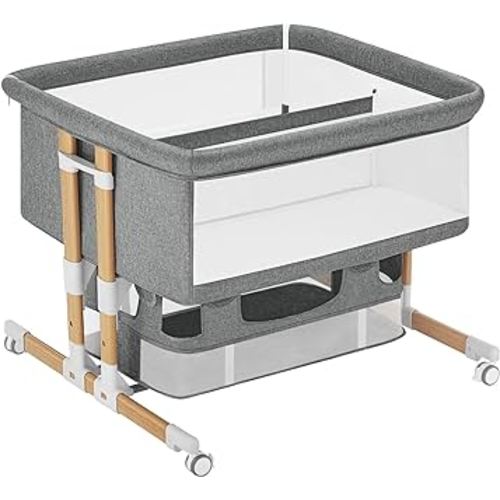 HARPPA Baby Bassinet Bedside Sleeper, Adjustable Bedside Crib with Storage for Newborns, Portable Bassinet with Anchor Strap (Wood Grain-Twins, Grey)