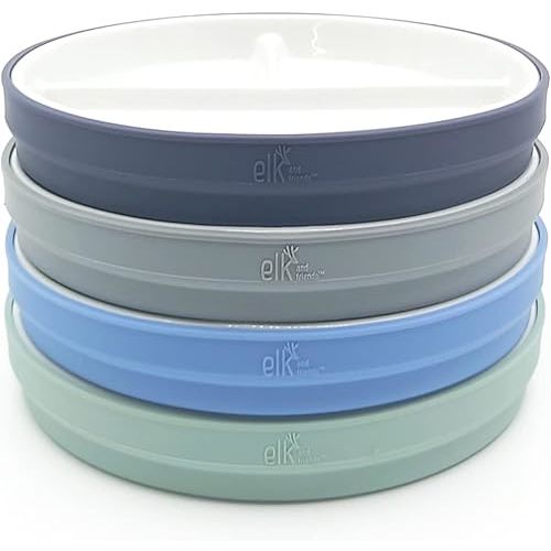 Elk and Friends Kids 6.7” Porcelain White Plates with Silicone Sleeves | Divided Plates | Suitable for Kids/Toddlers | Microwave & Dishwasher Safe | Non Slip | Snack Dishes
