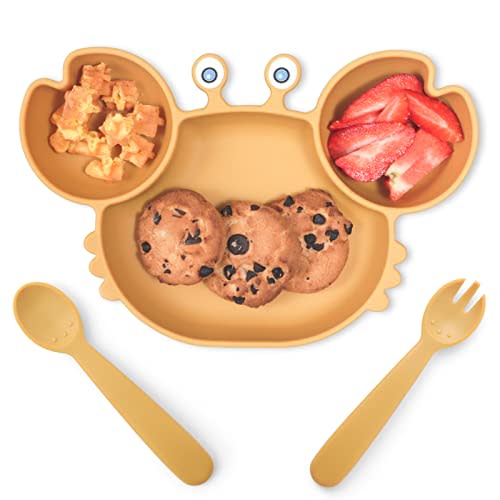 ROCCED Suction Plates for Baby, Silicone Plates with Suction for Baby Divided, Baby Spoon Fork Set for Toddler Baby Dishes Kids Utensils-Crab Yellow