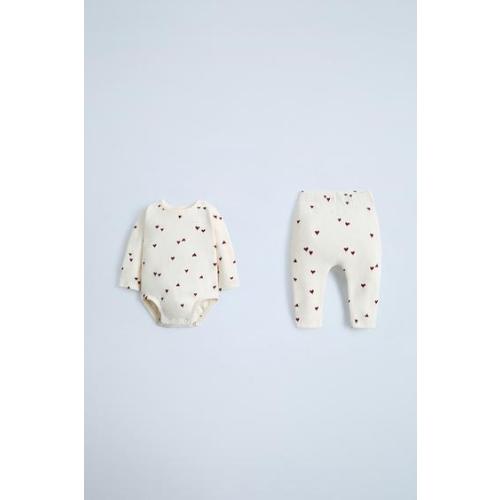 RIBBED HEARTS BODYSUIT AND LEGGINGS SET - Cream