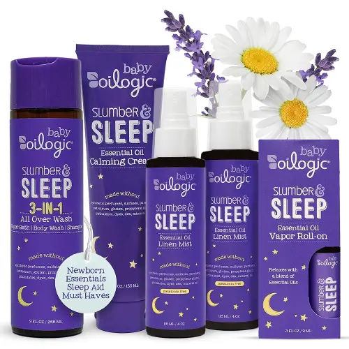 Oilogic Slumber & Sleep Bath Baby Essentials Gift Set - Includes All Over Wash, Calming Cream, Sleep Spray & Roll-On Essential Oils - Pediatrician-Tested Sleep, Comfort & Wellness Blends for Babies