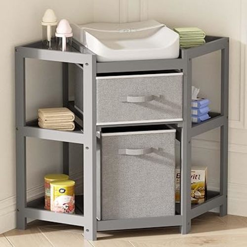 XJD Corner Baby Changing Table with 2 Storage Drawers Changing Table with Pad Diaper Changing Station (Grey)