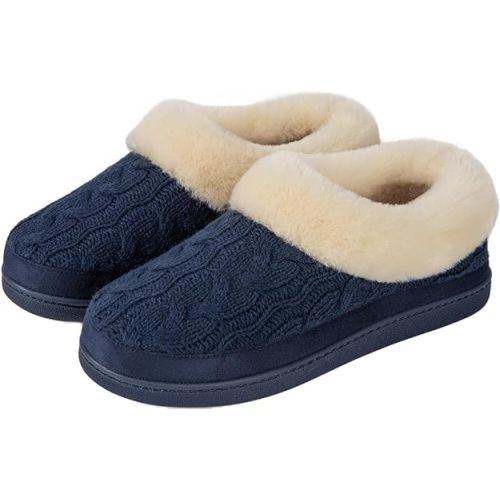 HomeTop Women's Cozy Cable Knit Memory Foam House Shoes Slipper with Fuzzy Plush Collar