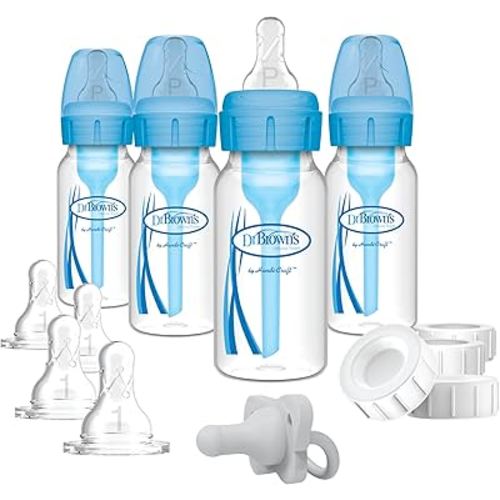 Dr. Brown's Natural Flow Anti-Colic Options+ Narrow Breast to Bottle Pump & Store Feeding Set with Slow Flow Nipples, Baby Travel Caps and 100% Silicone HappyPaci One-Piece Pacifier, Blue
