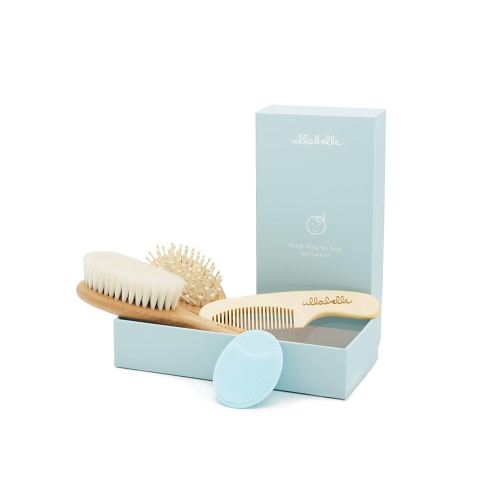 4 Piece Wooden Baby Hair Brush and Comb Set for Newborns & Toddlers in Chic Gift Box - Ultra Soft Natural Goat Hair and Wood Baby Brush Set Prevents Cradle Cap - Perfect Registry Gift (Blue)