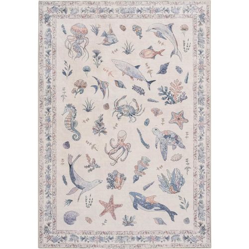 Soft Marine Animals Design Washable Rug (Pink Multi, 5' x 7')