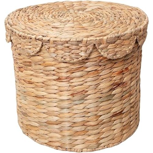 Large Water Hyacinth Storage Basket with Scalloped Lid - Handwoven Round Woven Laundry Hamper for Clothes, Toys, Blankets, and Organizing - Decorative Basket (Large)