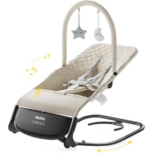 Electric Baby Bouncer Seat with Auto Rocking, 3-in-1 Infant Bouncer & Rocker Chair, Adjustable Height, Battery or Plug-in Powered, Music & Play Bar, Portable Baby Bouncer for Babies 0-12 Months