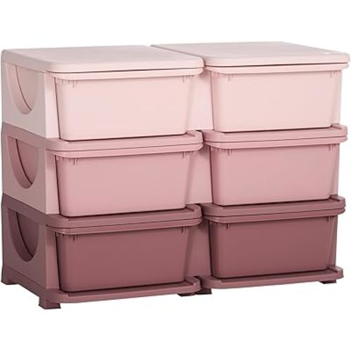 Qaba Kids Toy Storage Organizer with 6 Plastic Bins, 3 Tier Drawer Chest Utility for Kids Bedroom Nursery Kindergarten Living Room for Boys Girls Toddlers, Pink