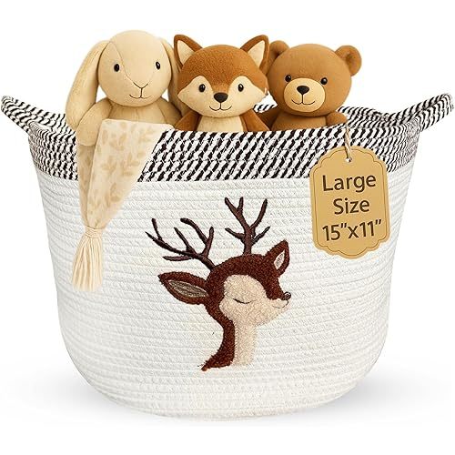 Deer Storage Basket for Nursery – Large 15”x11” Cotton Rope Bin with Soft Felt Animal Patch – Toy Organizer, Baby Laundry Hamper, Diaper & Towel Holder – Foldable, Washable & Baby-Safe