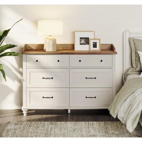 WAMPAT Dresser for Bedroom with 6 Drawers, Wooden Kids Dressers with Wide Chest of Drawers, Mid Century Modern Closet Storage Organizer for Living Room, Nursery, Hallway, Off White