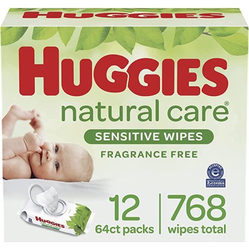 Baby Wipes, Huggies Natural Care Sensitive Baby Diaper Wipes, Unscented, Hypoallergenic, 12 Flip-Top Packs (768 Wipes Total) - 12 Flip-Lid Packs