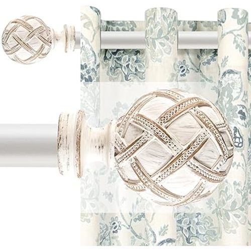 Single Curtain Rod for Windows 48 to 84 Inches(4-7ft): 1 inch Diameter Adjustable Curtain Rod, Heavy Duty Curtain Rod with Netted Texture Finials, Size:36-88(weathered white)