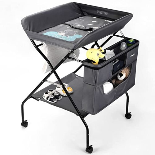Rolling Baby Changing Table with Wheels, FORSTART Adjustable Height Folding Infant Diaper Station Portable Mobile Nursery Organizer with Newborn Lightweight Storage Rack - Grey /Hippo Pattern