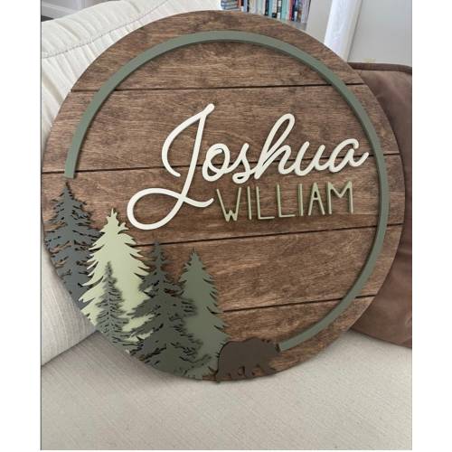 Forest Wood Name Sign | Round Sign | Nursery | Bear | Woodland | Baby Shower Gift | Baby | Boy | Kids room Decor | Personalized