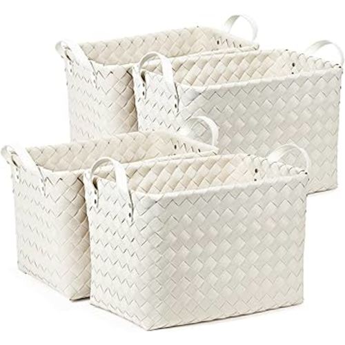 Handwoven Clothes Basket Laundry Hampers Large Wicker Storage Baskets for Shelves Blankets Closet Storage Bins Car Bedroom Bathroom Organizers and Storage Bath (Pack of 4, White)