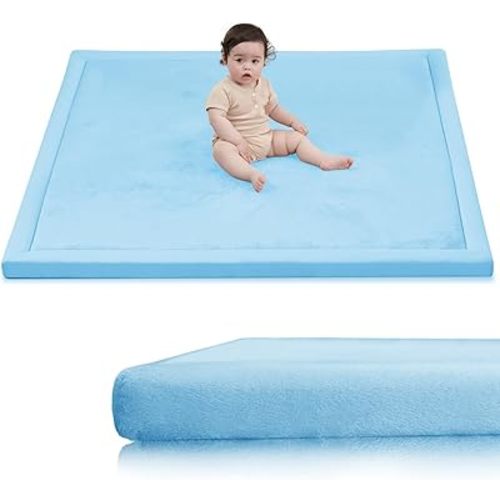 Baby Play Mat for Floor,1.3" Thick Elasti-Foam 50x50 Playpen Mat for Toddlers Infant kids,Water-Repellent Soft Coral Velvet for Tummy Time,Non-Slip Backing for Crawling,Tatami Style(Light Blue)