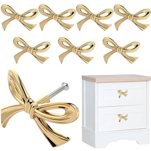 ArtisanWonders 8 Pack Gold Bow Knobs - Solid Brass Bow Drawer Pulls for Dresser, Cabinets & Furniture | Decorative Bow Cabinet Handles | Bow Knobs for Drawers, Wardrobe (Antique Brass) [8PCS]
