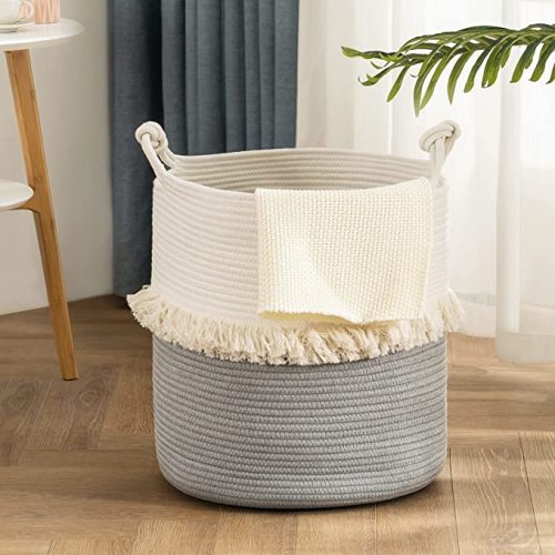 YOUDENOVA Large Woven Rope Nursery Storage Basket, White & Grey, 15.7”x16.9”