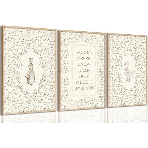 Vintage Animal Nursery Wall Art Cute Bunny and Silly Goose Wall Decor Rabbit Duck Poster Pink Floral Animals Print artwork Pink Nursery painting Picture for Baby Bedroom Kid's Room Home Decor Unframed