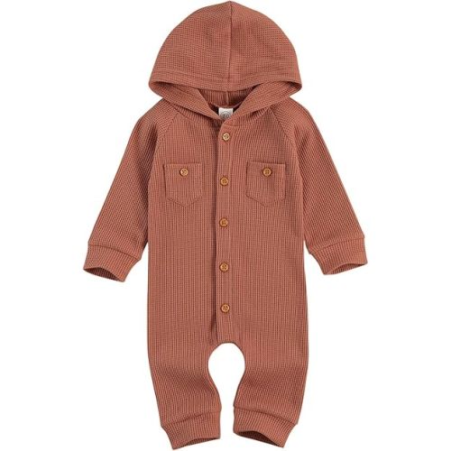 Ynibbim Winter Newborn Baby Boy Girl Solid Romper Unisex Infants Hooded Outfit Clothes Waffle Cotton Button Jumpsuits