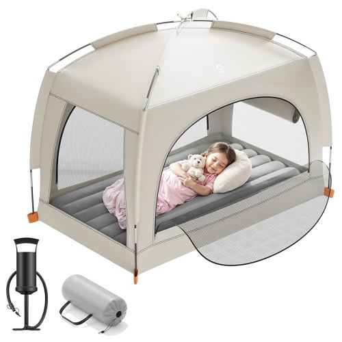 QPAU Inflatable Toddler Travel Bed with Tent – Lightweight Blow Up Kids Air Mattress with Hand Pump – Indoor & Outdoor Portable Sleeping Solution for Camping, Travel, Home, Grandma’s – Ages 3+