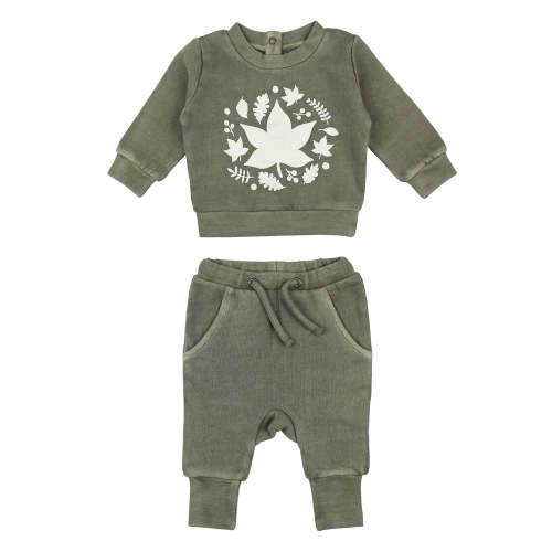 Organic Cozy Graphic Sweatshirt & Jogger Set, Hunter Leaves