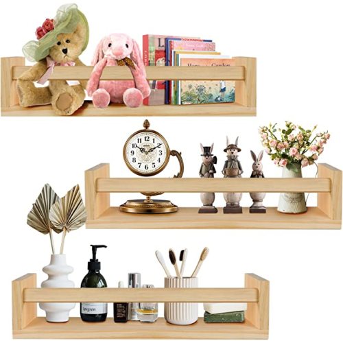 birola Nursery Shelves Set of 3,Wood Nursery Book Shelves for Wall,Book Shelf Organizer for Kids,Wall Bookshelves for Kids(Nature)