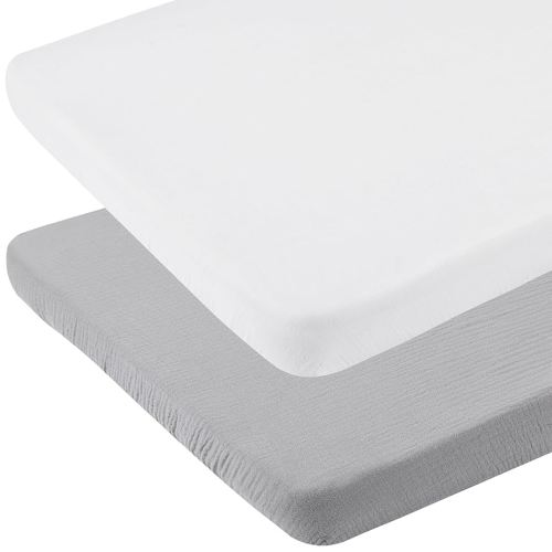 Muslin Bassinet Sheets 33" x 19" Compatible with Mika Micky, KoolaBaby (3 in 1), BabyBond, HARPPA and RICUTON Bedside Bassinet, 2 Pack for Baby Boy and Girl, White and Grey