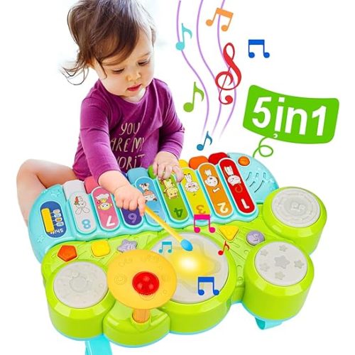 Baby Musical Toys 3 in 1 Piano Keyboard Xylophone Drum Set for 1 Year Old Girls Boys Toys Age 2 Music Instrument Toys Toddlers 1-3 0-2 First Birthday Easter Gift Infant Baby Toys 6 9 12 18 Month
