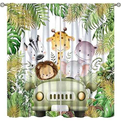 Jungle Safari Animals Blackout Curtains,Cartoon Animals Lion Giraffe Elephant Woodland Tropical Leaf Green Windows Treatments for Kids Nursery Baby Living Room Bedroom 55x63in