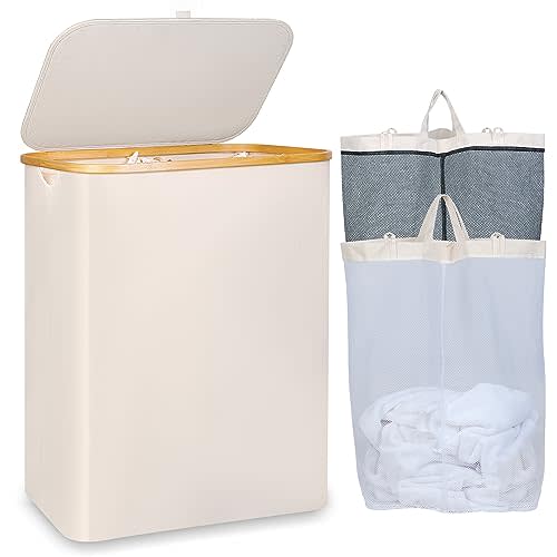 iEGrow 150L Laundry Basket with Lid, Large Laundry Hamper with Bamboo Handle, Collapsible Dirty Clothes Hamper Organizer with Removable Inner Bag for Clothes Toys Towels -Beige