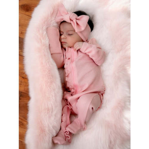 Organic Waffle Ruffle Zip Footie, Pink