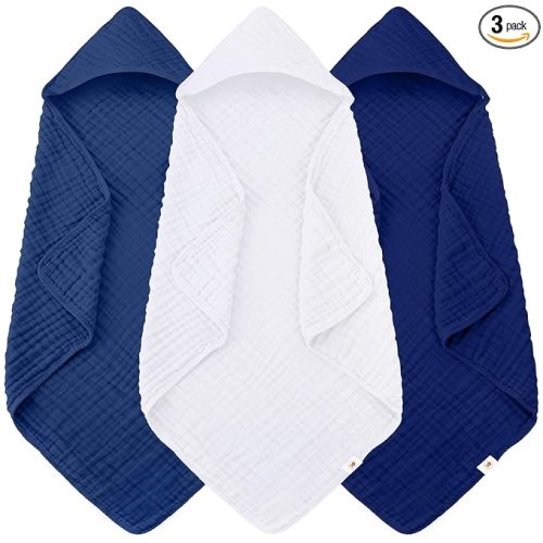 Sunny zzzZZ Muslin Hooded Baby Bath Towels - 3 Pack 100% Cotton Soft Low-Saturation Pastel Towels Including Classic White for Newborns, Infants, Toddlers - 32x32 Inch - Deep Navy and White