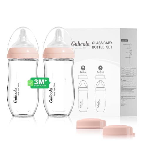 Gulicola Natural Glass Baby Bottle 8 oz for Breastfed Babies, Anti-Colic Baby Bottle Set with Medium Flow Nipple, 3 Months +, 2 Pack
