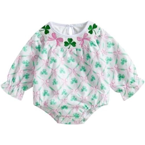 St Patricks Day Baby Girl Outfit Cute Shamrock Smocked Bubble Romper Bodysuit Infant Spring Clothes