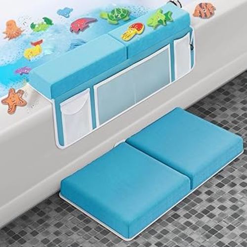 Supa Ant Baby Bath Kneeler and Elbow Rest Pad Set - The Only Certified Extra Thick Bathtub Kneeler with Built-in 5 Pockets Organizer - Bath Kneeling Pad for Bathing Baby with 8-Suction Cups (Blue)