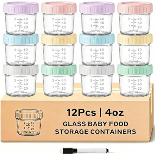 12 Pack Glass Baby Food Containers 4 oz Glass Baby Food Jars with Lids Baby Food Maker Small Baby Food Storage Containers Microwave Dishwasher Freezer Safe 100% Leak Proof BPA Free Reusable