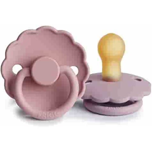 FRIGG Daisy Natural Rubber Baby Pacifier | Made in Denmark | BPA-Free (Baby Pink/Soft Lilac, 0-6 Months) 2-Pack