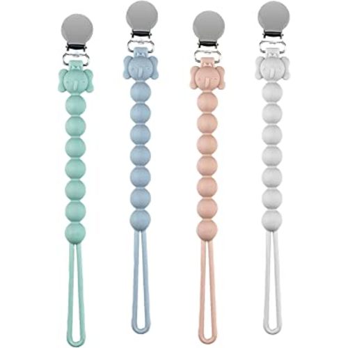 Pacifier Clip, Silicone Pacifier Holder Clip for Baby Boy and Girl, 4 Pack One Piece Pacifier Clips, Baby Essentials, Soother Binky Teething Ring Pacifier Clip Holder