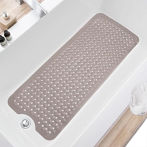 Bath Tub and Shower Mats, Non-Slip 40 x 16 Inch Extra Long Bath Mat, Machine Washable Bathtub Mat with Drain Holes, Suction Cups for Bathroom, Tan