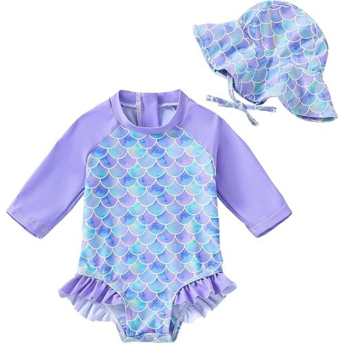 Baby Girl Swimsuit Long Sleeve One Piece Rash Guard with Sun Hat Zipper Bathing Suit Size 0-2T
