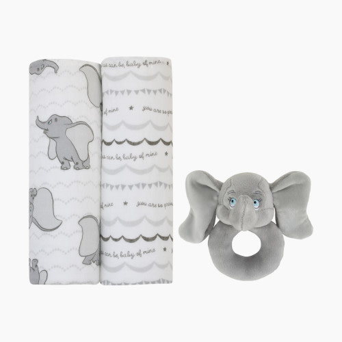 NoJo Baby 100% Cotton Muslin Swaddles with Plush Rattle (2 Pack) - Dumbo