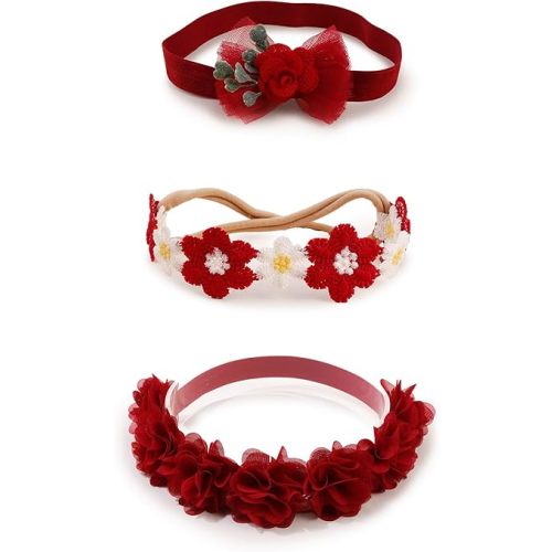 OOSAKU Baby Girl Flower Christmas Headbands Set Elastic Floral Headbands 6pcs Soft Nylon Hair Band for Newborn Toddler Hair Accessories (XKFD007)