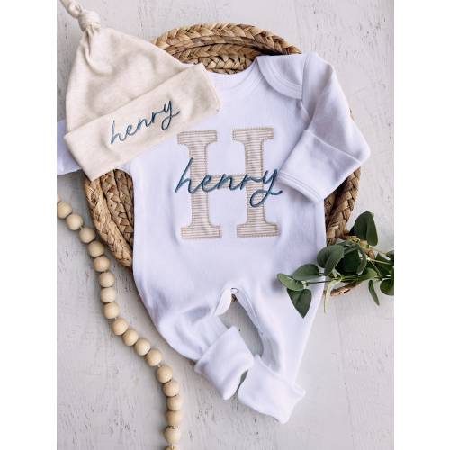 Personalized neutral baby romper and hat set, fold over footies, custom infant coming home outfit, baby shower gift for boy