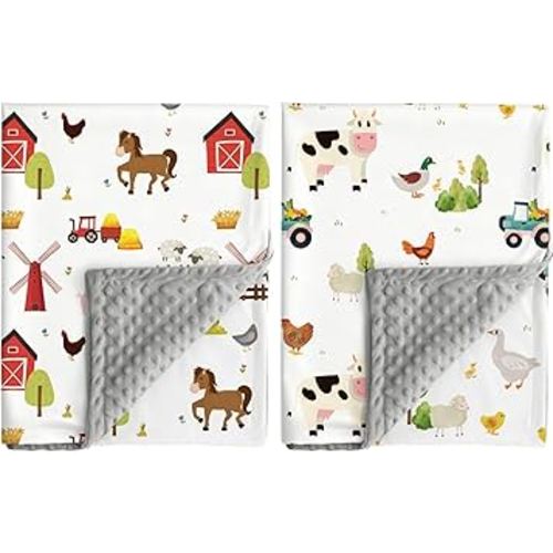 2 Pack Farm Animal Baby Blankets Unisex Soft Nursery Double Layer Minky Blanket with Dotted Backing for Newborn Toddlers Farmhouse Animasl Printed 30 X 40 Inch (Farm Animal)