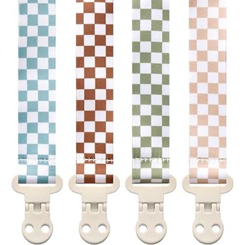 Baby Pacifier Clip Holder - Girl or Boy Unisex 4 Pack Gift Set – Neutral Modern Retro Checker Green Blue Brown Beige