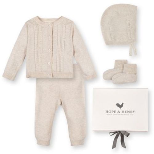 Hope & Henry Baby 5 Piece Organic Sweater Cable Cardigan, Legging, Hat, & Bootie Boxed Gift Set, Light Oatmeal Set, 3-6 Months