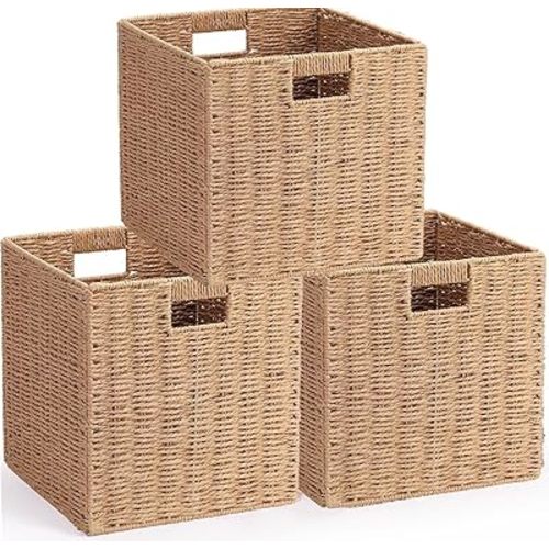 3Pcs Woven Shelf Baskets, 10.5'' Paper Rope Handmade Open Storage Bins, Light Brown Pantry Baskets Organization Basket Foldable Storage Bins for Bedroom, Cubby Cubes Wicker Basket with Handles