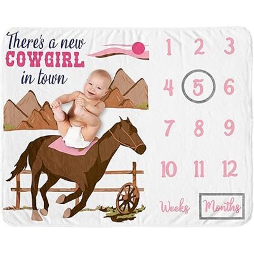 Sweet Jojo Designs Western Cowgirl Girl Baby Milestone Blanket Newborn Monthly First Year Photo Growth Chart Infant Memory Gift Set Wild West Vintage Country Animal Horse Southwest Brown Pink Blue Tan